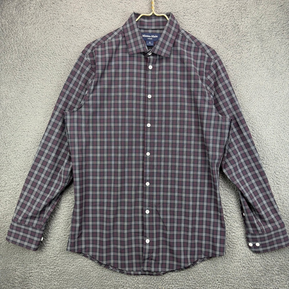 Mizzen‎ Main Leeward Mens Medium Trim Navy Burgundy Plaid Performance Shirt